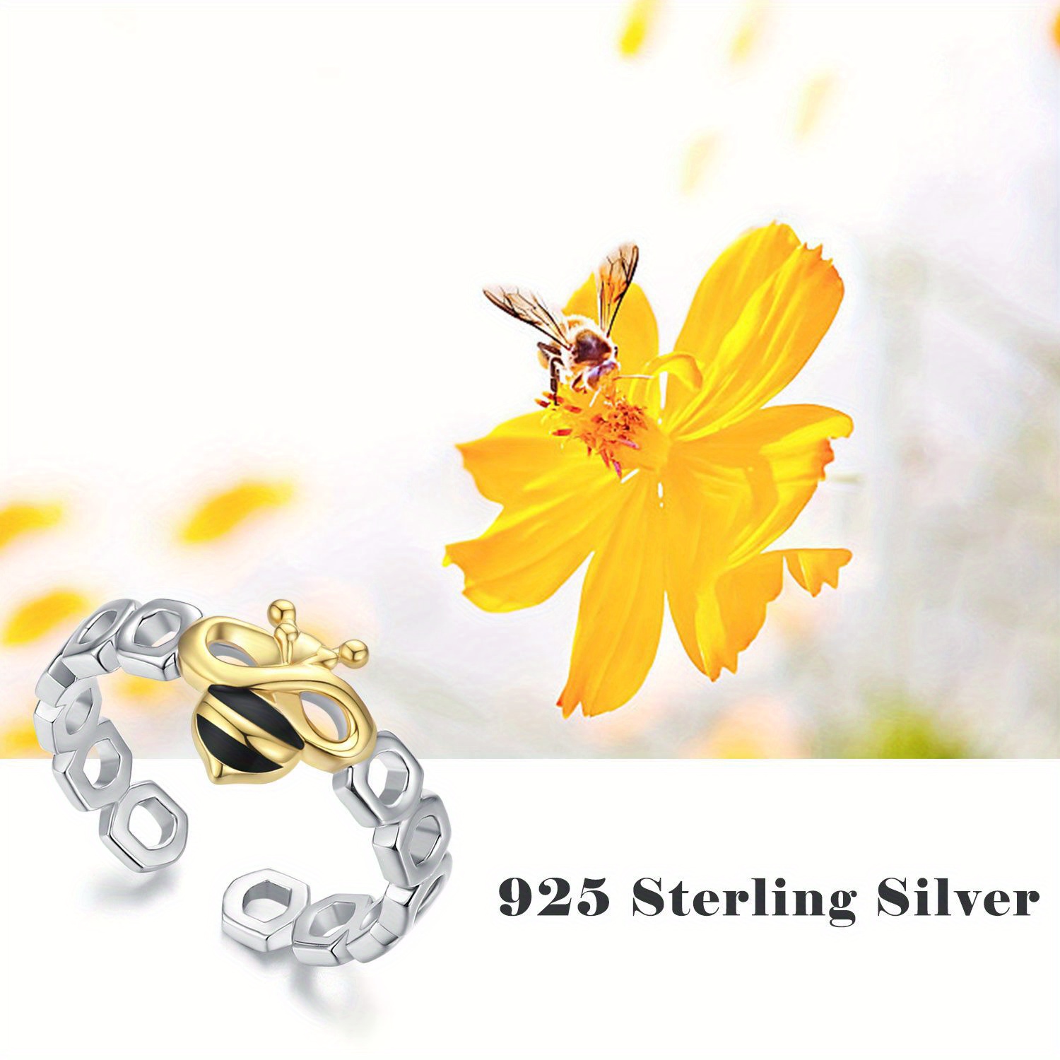 Bee Ring S925 Sterling Silver Adjustable Open Bee Ring for Women Graduation Gift